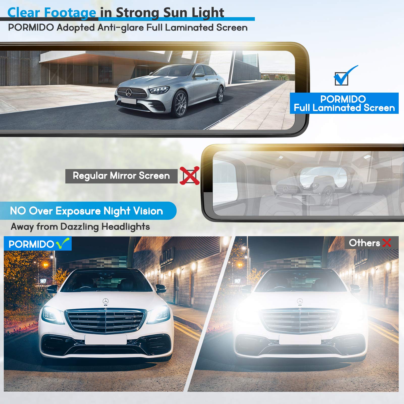 Pormido Triple Mirror Dash Cam 12' With Detached Front And In Car Camera,Waterproof Backup Rear View Dashcam Anti Glare 1296P Ips Touch Screen With Sony Sensor,Starvis Night Vision,Gps,Parking Assist